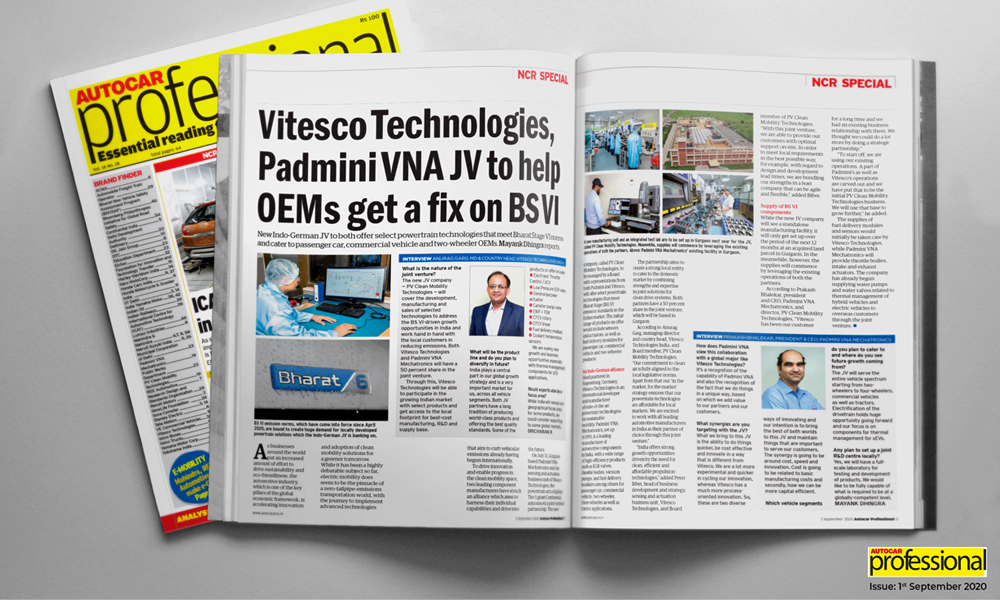 Cover story on Padmini VNA and Vitesco Technologies joint venture featured in Auto Car Professional Magazine